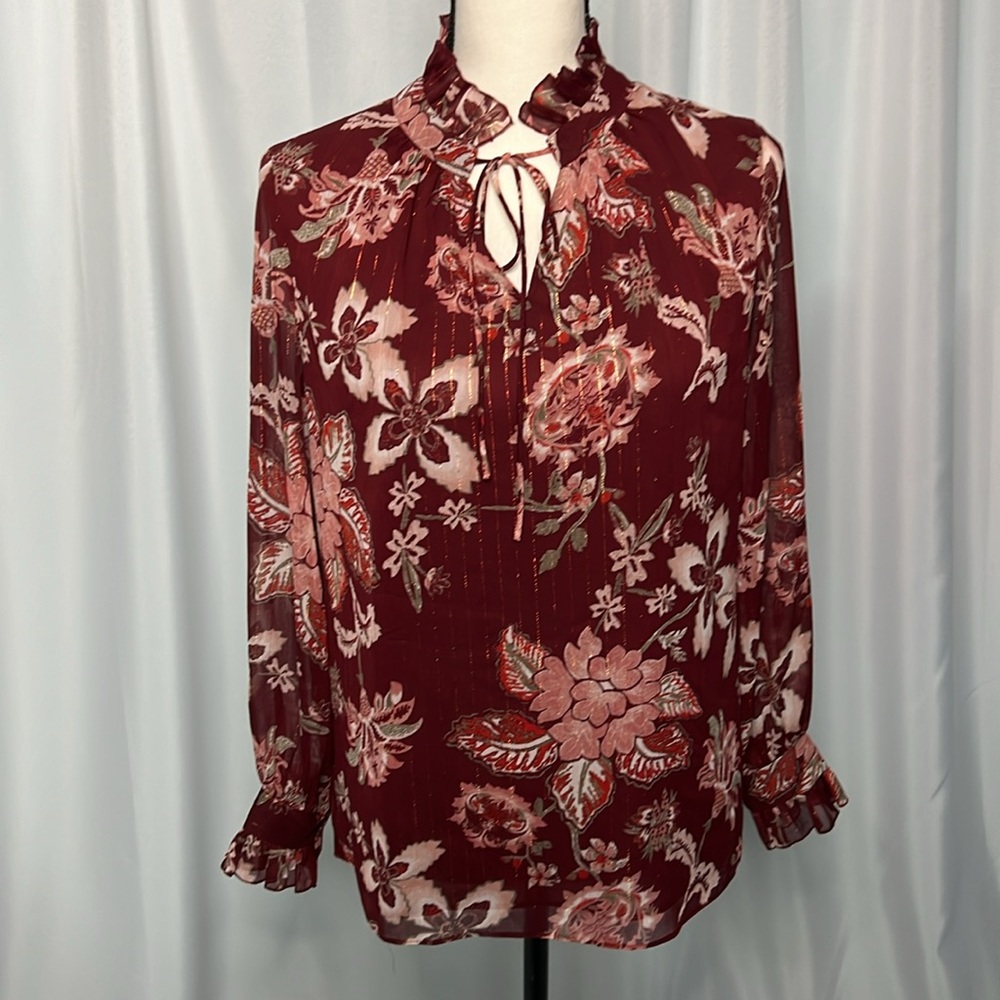 Violet & Claire Metallic Stripe Burgundy Floral Blouse - size Small